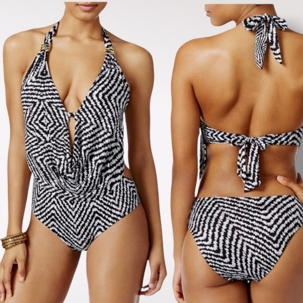 Bar III Feather Daze Draped Monokini One-Piece Swimsuit xs